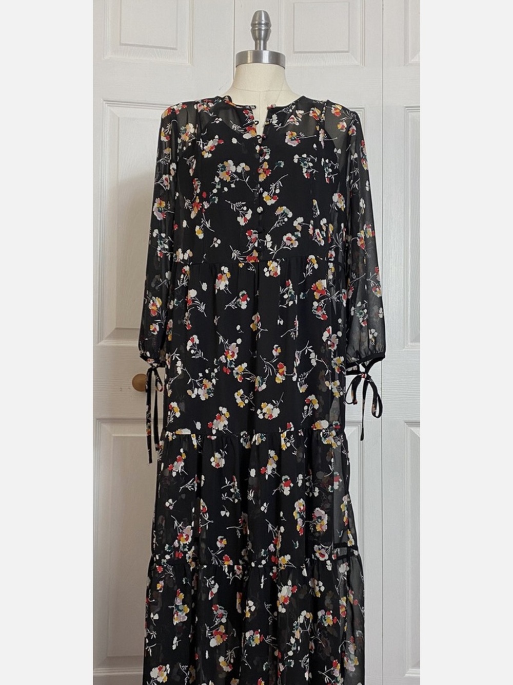 Madewell Black Floral Tiered Maxi Dress with Tie Sleeves